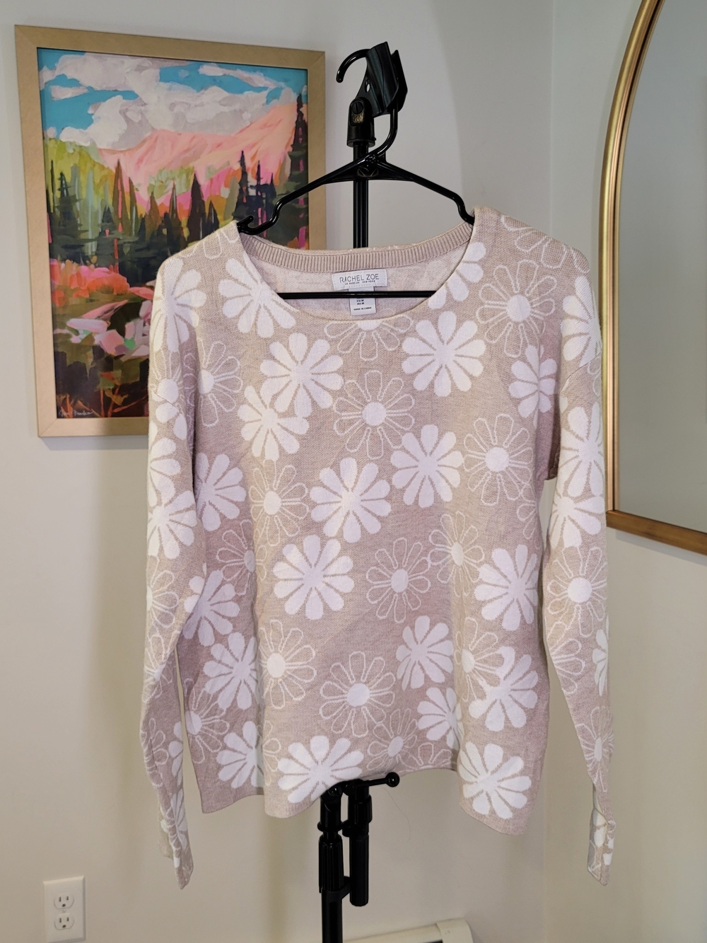 RACHEL ZOE Rayon Blend Sweater Cream and White Floral Design Women's Size M